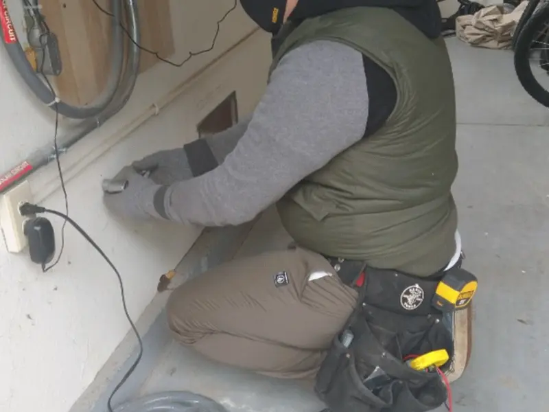 Electrician performing outlet wiring in a Winchester garage